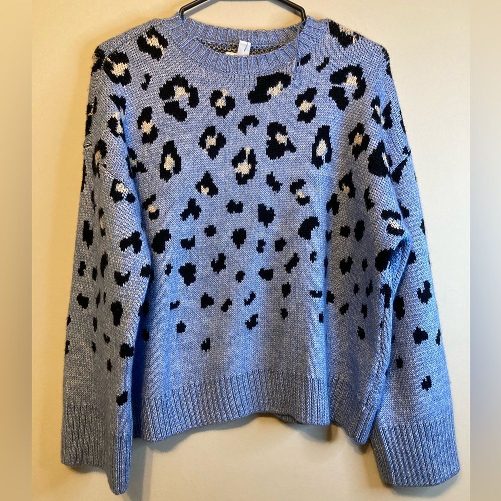 Nine West Cheetah Print Sweater NWT Powder Blue Wide Sleeve Knit Size Petite L